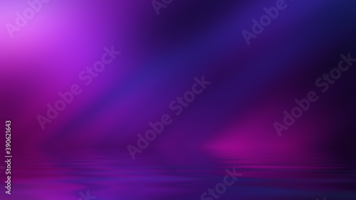 Abstract dark background. Empty street, reflection of neon light on the water. Blurry rays of light. Smoke, fog. 3d illustration