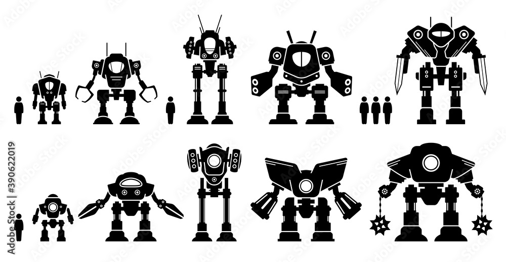 Giant mecha robot or battle bot set collection. Vector icons illustrations of gigantic mechanical machine or big mech robots for war and military. Robot model concept for games and character design.