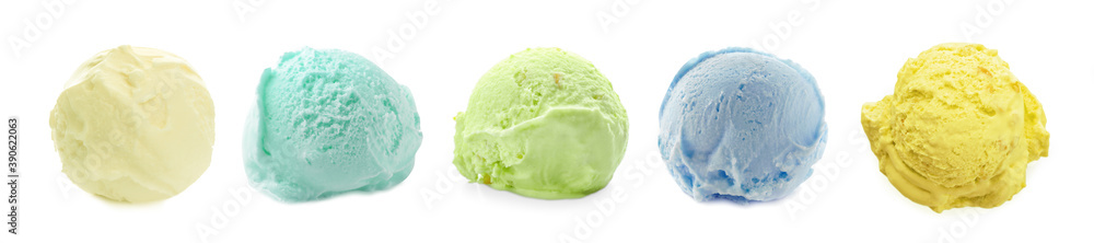 Set with scoops of different ice creams on white background. Banner design Set with scoops of different ice creams on white background. Banner design