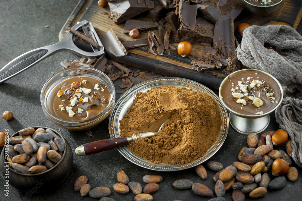 Pieces of dark chocolate and cocoa beans in composition on old background Pieces of dark chocolate and cocoa beans in composition on old background