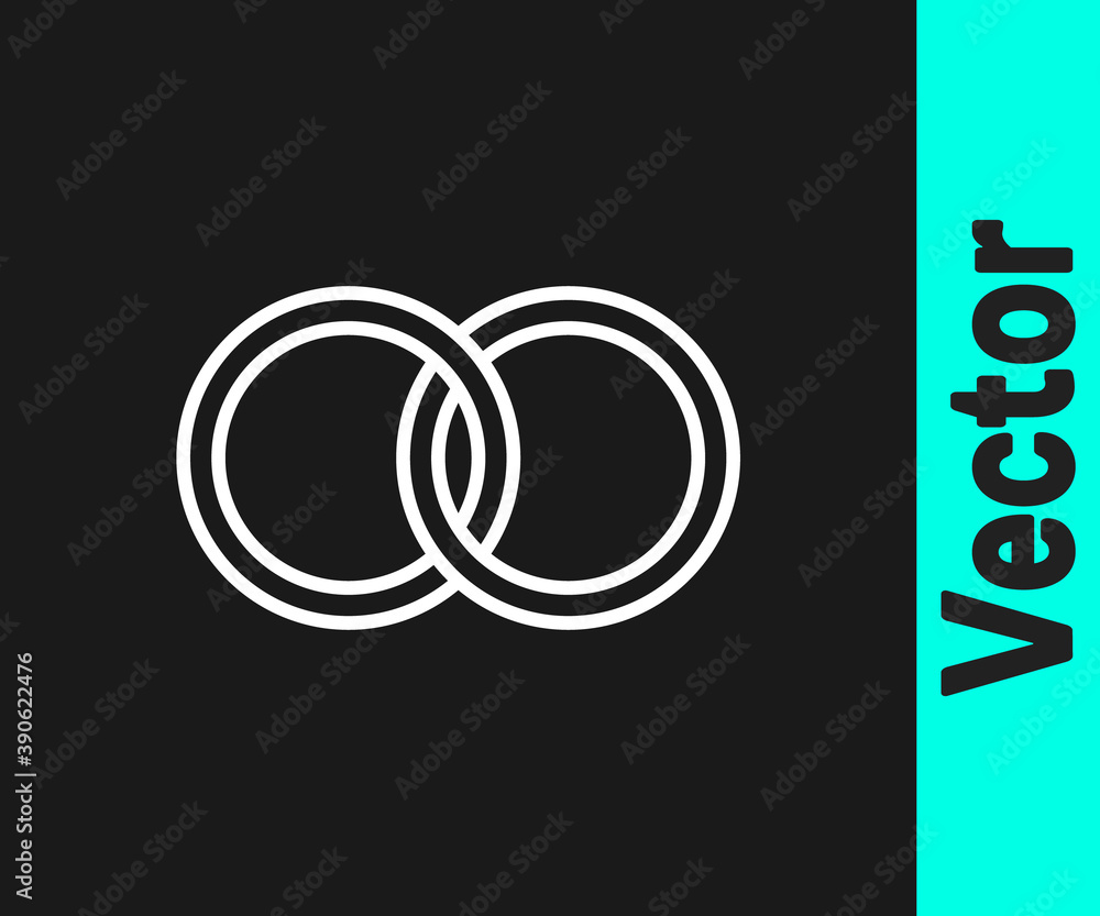 White line Wedding rings icon isolated on black background. Bride and groom jewelry sign. Marriage symbol. Diamond ring. Vector. White line Wedding rings icon isolated on black background. Bride and groom jewelry sign. Marriage symbol. Diamond ring. Vector.
