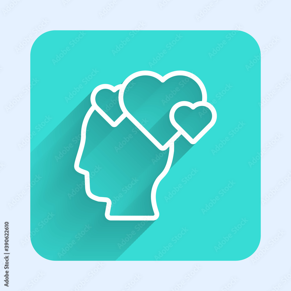 White line Human head with heart icon isolated with long shadow. Love concept with human head. Green square button. Vector.