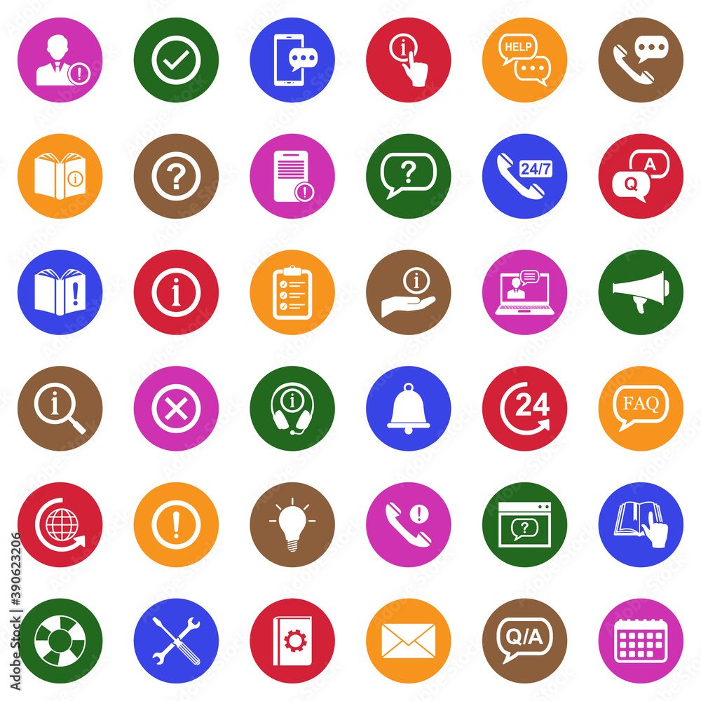 Information And Notification Icons. White Flat Design In Circle. Vector Illustration. Information And Notification Icons. White Flat Design In Circle. Vector Illustration.