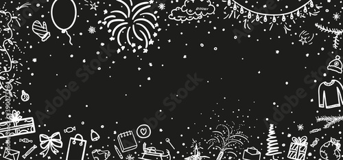 Holiday background. Festive xmas frame. Hand drawn christmas elements. Abstract holiday signs and objects. Black and white illustration