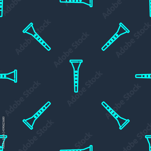 Green line Clarinet icon isolated seamless pattern on blue background. Musical instrument. Vector.