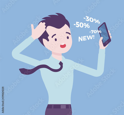 Cold calling by telephone for potential male customer. Salesperson contacting annoyed individual, possible customer, offering useless products or services. Vector flat style cartoon illustration