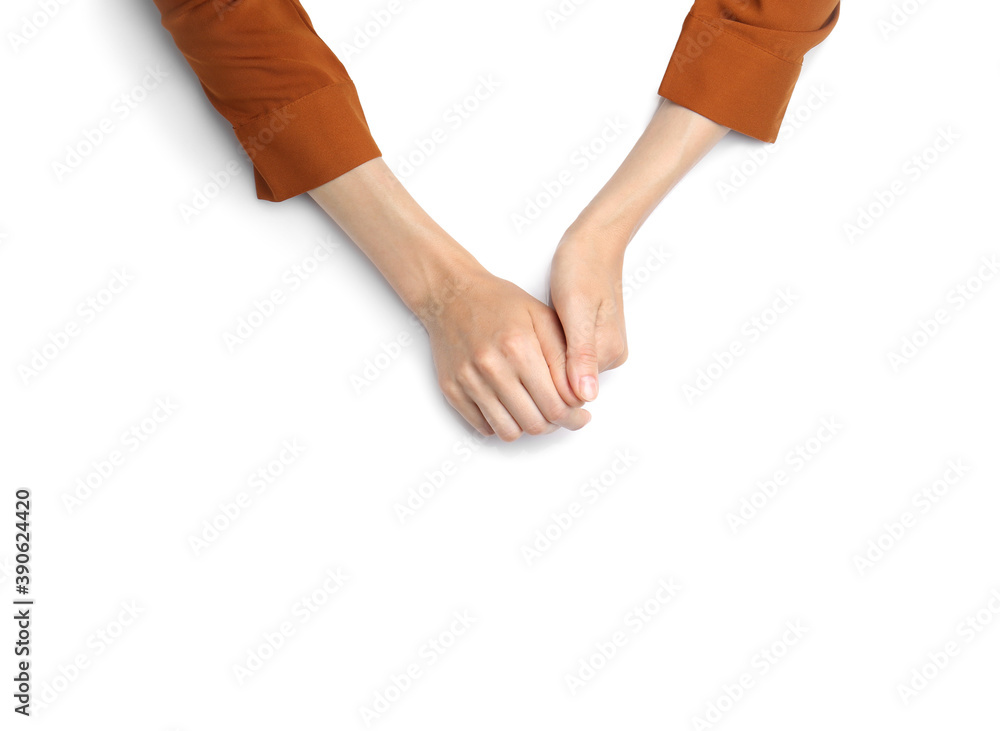Woman on white background, top view. Closeup of hands Woman on white background, top view. Closeup of hands