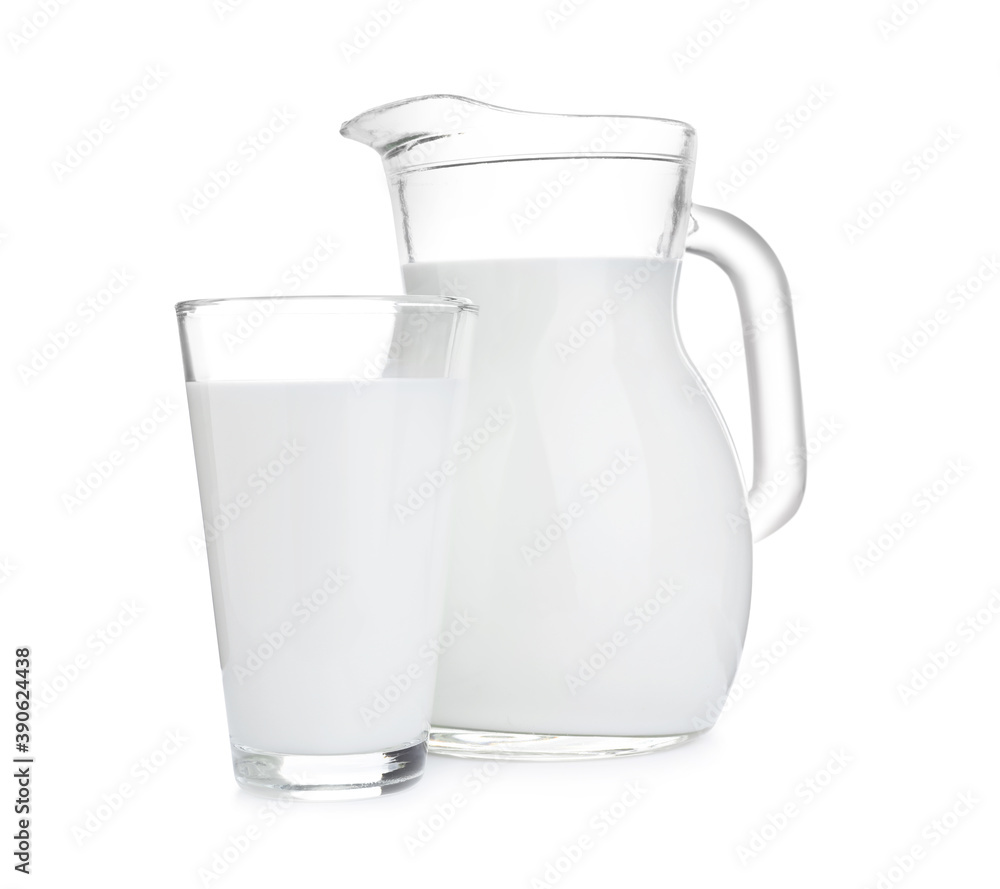 Jug and glass with fresh milk on white background Jug and glass with fresh milk on white background