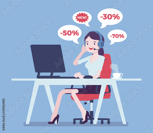 Salesperson cold calling by telephone to potential customer. Attractive female operator, telemarketing assistant advertising, selling spam product, service. Vector creative stylized illustration