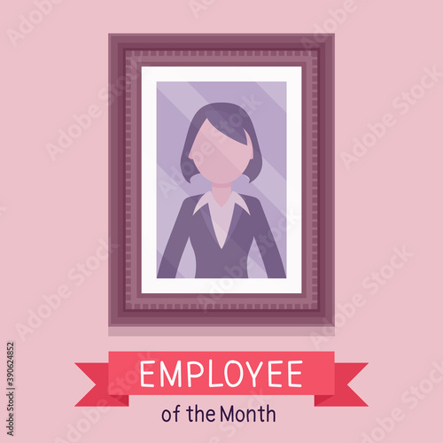 Employee of month, female photo wall frame template. Profile portrait with empty face zone, EOM reward program for worker in achieving professional excellence. Vector creative stylized illustration