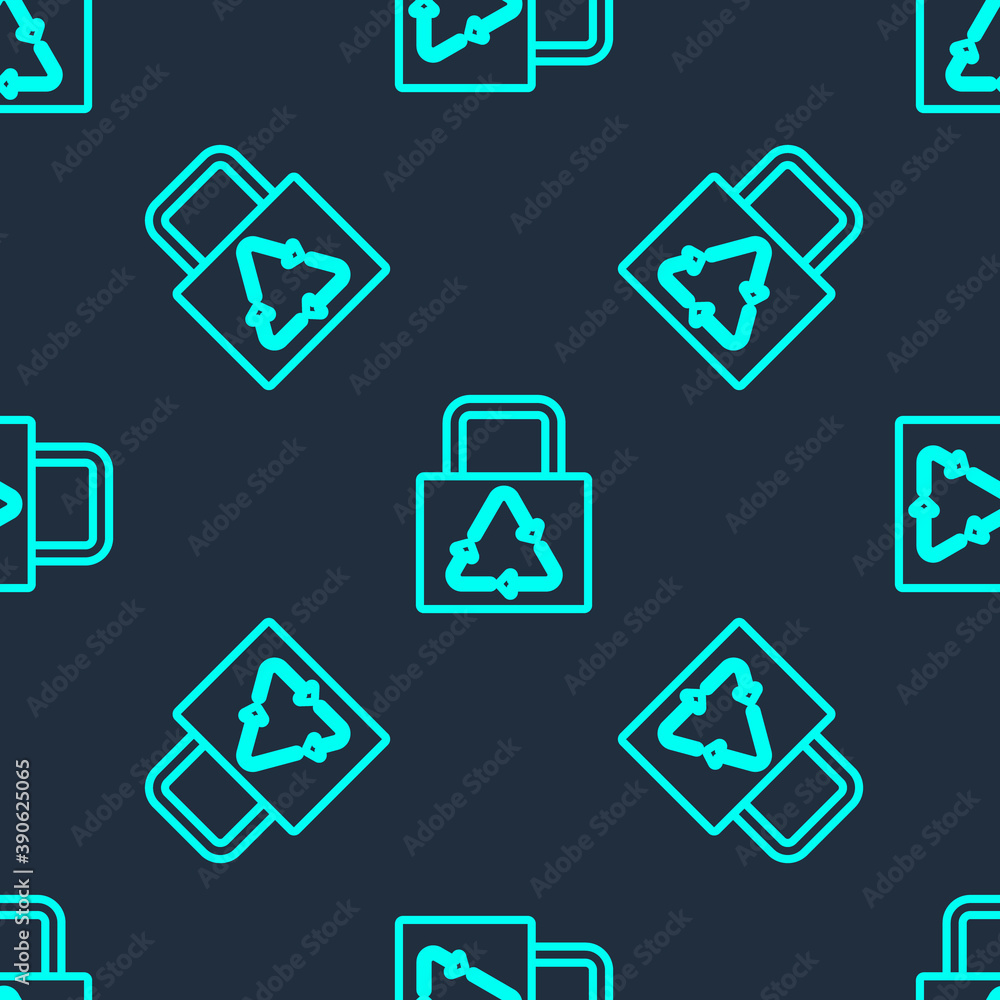 Green line Paper shopping bag with recycle icon isolated seamless pattern on blue background. Bag with recycling symbol. Vector. Green line Paper shopping bag with recycle icon isolated seamless pattern on blue background. Bag with recycling symbol. Vector.
