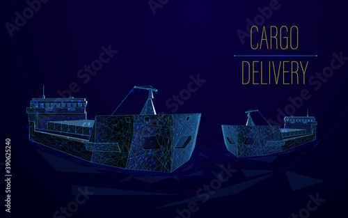 3d model of a ship with containers on board, transportation, logistics.international delivery of goods and goods across the oceans, mora, to the water ports of the world.vector,low poly,wirefrane,dots