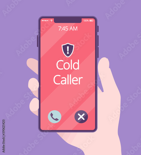 Cold calling on telephone screen for potential customer. Hand holding phone, screen with spam and telemarketing incoming call, advertising product and service. Vector creative stylized illustration