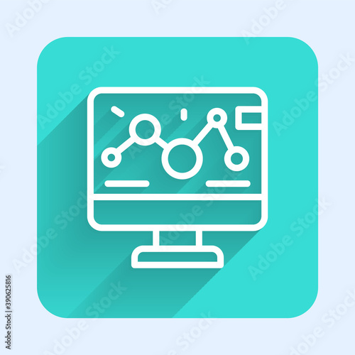 White line Genetic engineering modification on laptop icon isolated with long shadow. DNA analysis, genetics testing, cloning. Green square button. Vector.