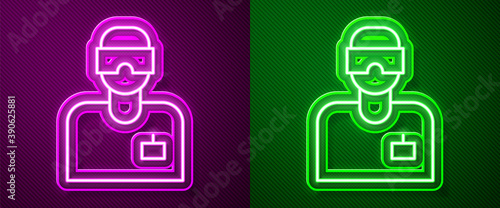Glowing neon line Laboratory assistant icon isolated on purple and green background. Vector.