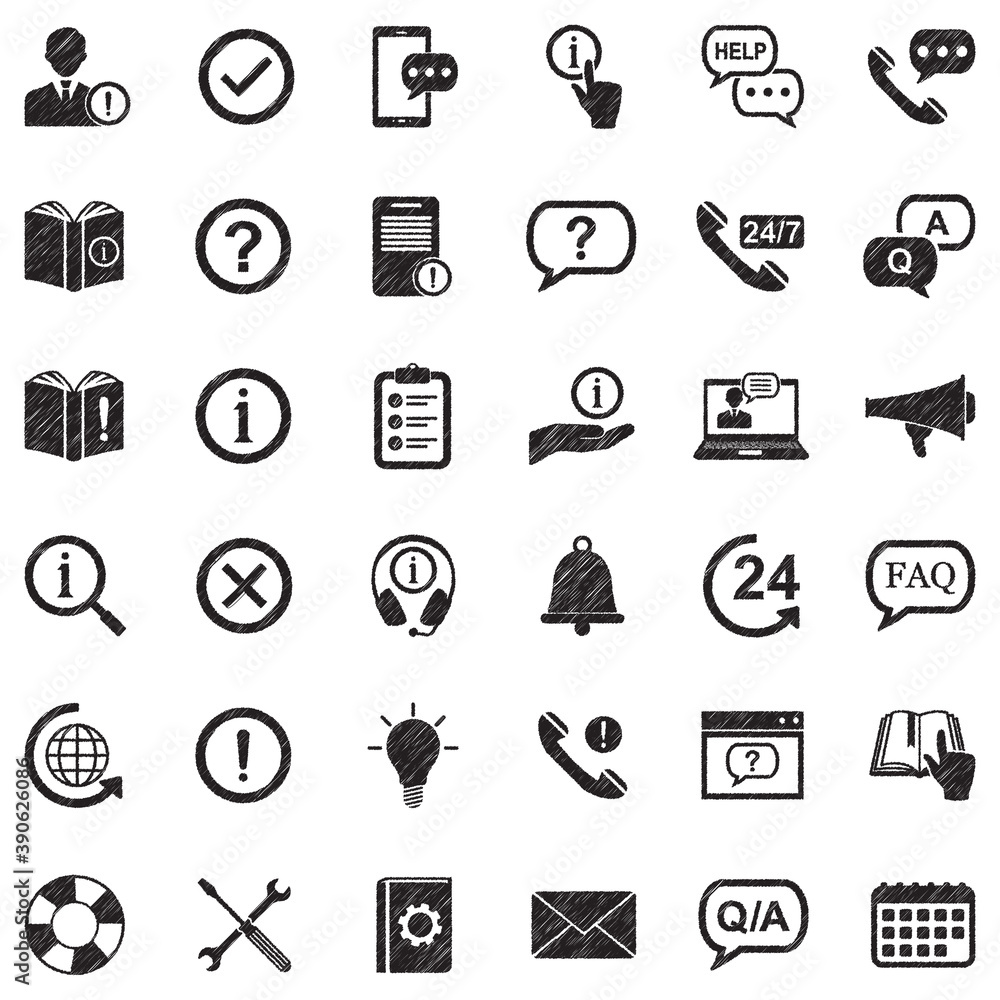 Information And Notification Icons. Black Scribble Design. Vector Illustration.