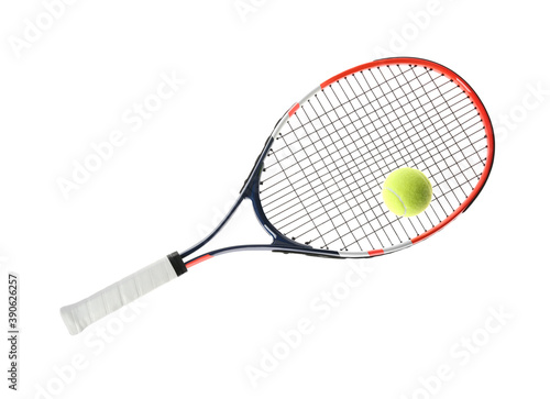 Tennis racket and ball on white background. Sports equipment