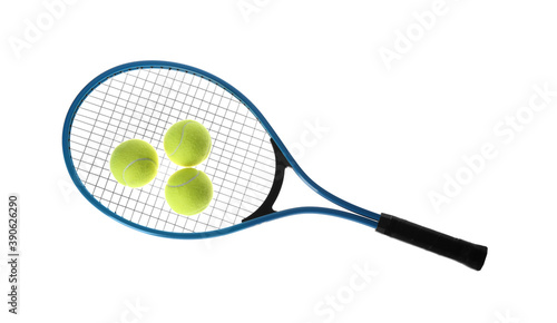 Tennis racket and balls on white background. Sports equipment © New Africa