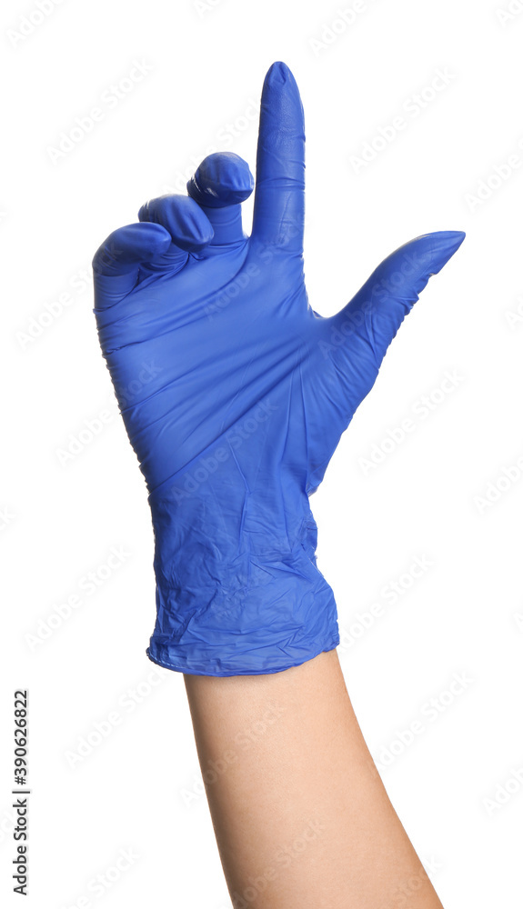 Woman in blue latex gloves holding something on white background, closeup of hand Woman in blue latex gloves holding something on white background, closeup of hand