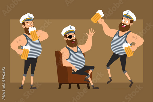 Cartoon flat funny bearded fat sailor man character in captain hat with tattoo. Boy resting and drinking beer from mug. Ready for animation. Isolated on brown background. Vector set.
