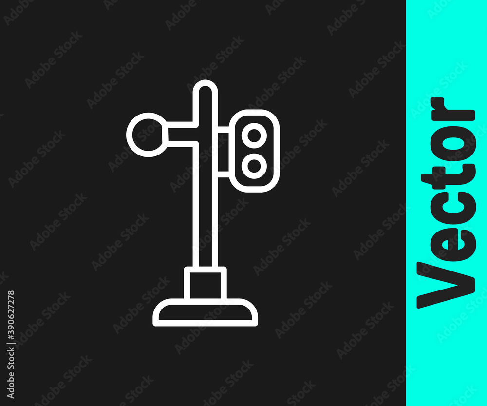 White line Train traffic light icon isolated on black background. Traffic lights for the railway to regulate the movement of trains. Vector. White line Train traffic light icon isolated on black background. Traffic lights for the railway to regulate the movement of trains. Vector.