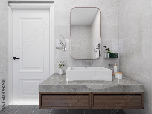 Clean and tidy bathroom, there are washstand, shower, toilet, bathtub and so on