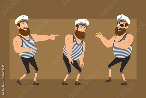Cartoon flat funny bearded fat sailor man character in captain hat with tattoo. Boy sad, tired, laughing, jumping and dancing. Ready for animation. Isolated on brown background. Vector set.