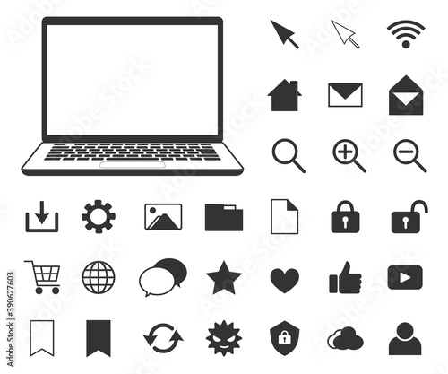 パソコンとアイコンのセット(モノクロ)