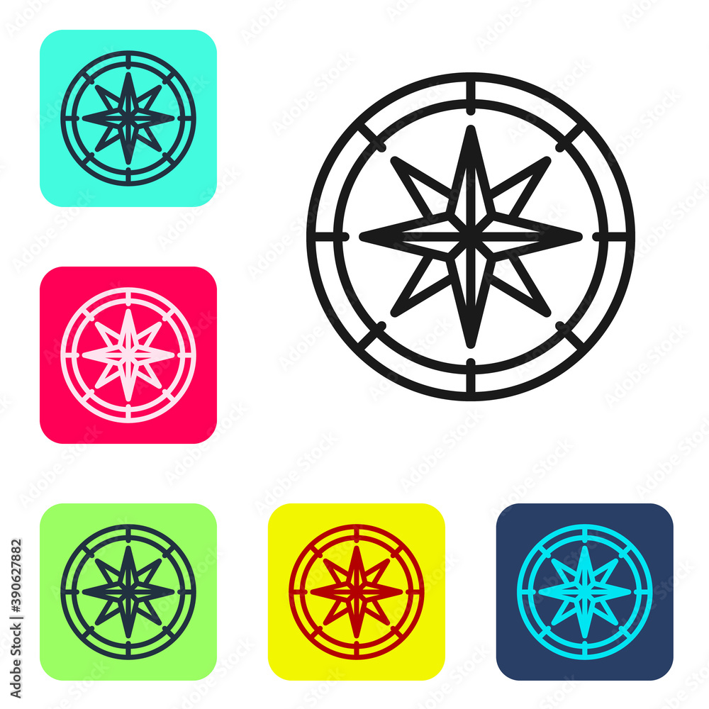 Black line Compass icon isolated on white background. Windrose navigation symbol. Wind rose sign. Set icons in color square buttons. Vector.