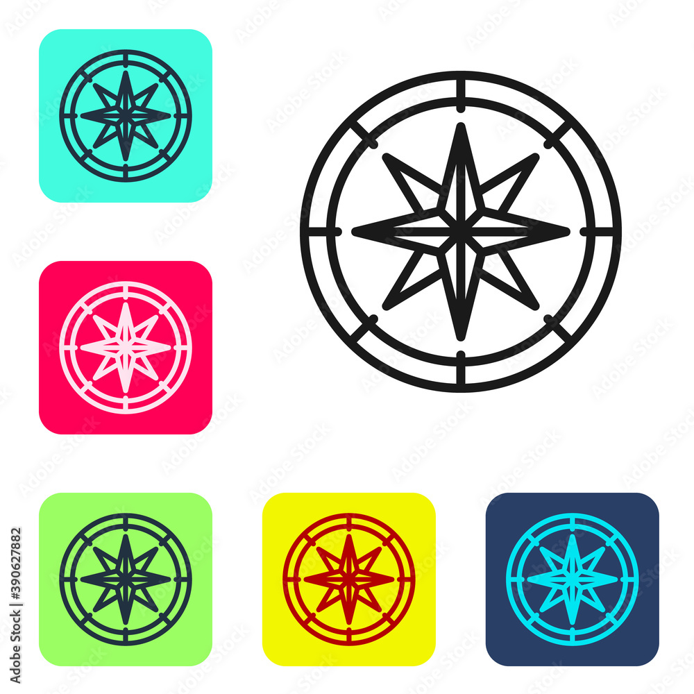 Black line Compass icon isolated on white background. Windrose navigation symbol. Wind rose sign. Set icons in color square buttons. Vector. Black line Compass icon isolated on white background. Windrose navigation symbol. Wind rose sign. Set icons in color square buttons. Vector.