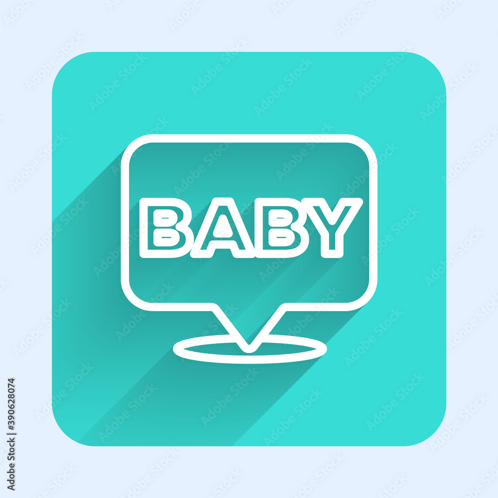 White line Baby icon isolated with long shadow. Green square button. Vector. White line Baby icon isolated with long shadow. Green square button. Vector.