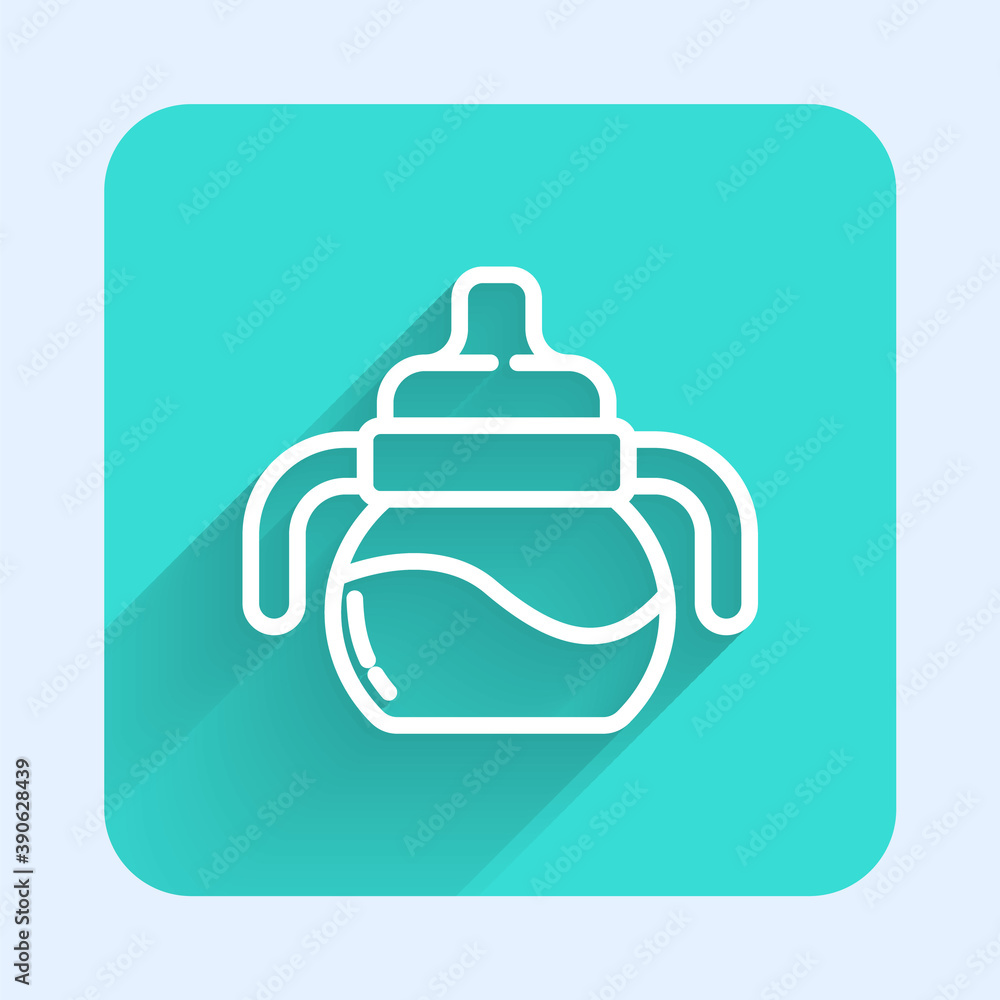 White line Baby bottle icon isolated with long shadow. Feeding bottle icon. Milk bottle sign. Green square button. Vector. White line Baby bottle icon isolated with long shadow. Feeding bottle icon. Milk bottle sign. Green square button. Vector.