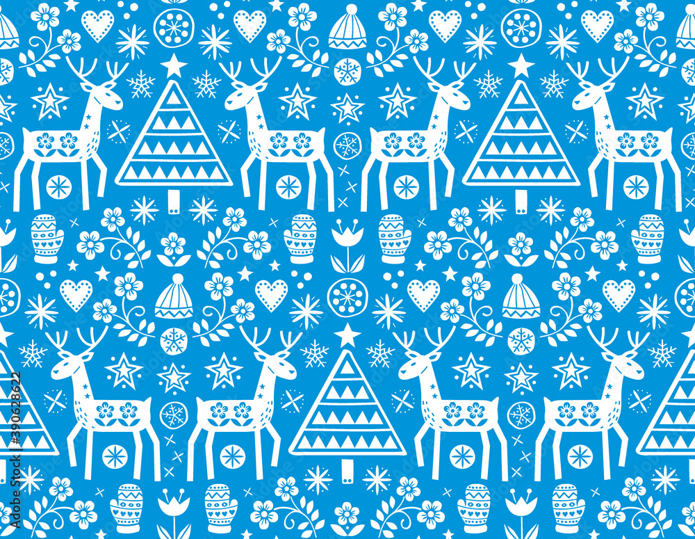 Christmas folk art vector seamless pattern with reindeer, flowers, Xmas tree and winter clothes design in white on blue background - Merry Christmas ornament
