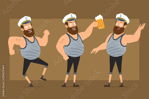 Cartoon flat funny bearded fat sailor man character in captain hat with tattoo. Boy dancing, drinking and holding beer mug. Ready for animation. Isolated on brown background. Vector set.