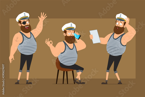 Cartoon flat funny bearded sailor man character in captain hat with tattoo. Boy talking on phone, reading note and showing Hello sign. Ready for animation. Isolated on brown background. Vector set.