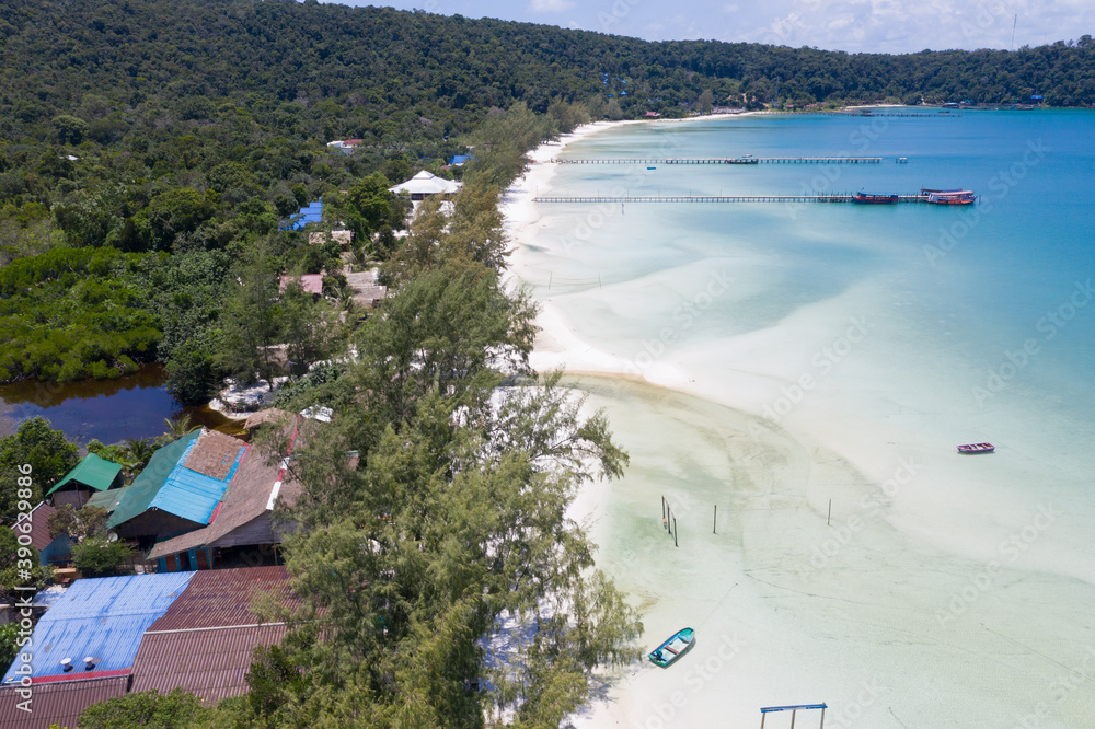 Aerial view of a beautiful sunny day over Koh Rong Samloem island, Cambodia