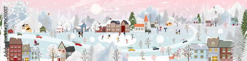 Winter landscape at night with people having fun doing outdoor activities on new year,Christmas day in village with people celebration, kid playing ice skates, teenagers skiing with snow falling