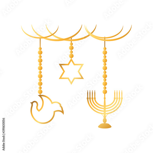hanukkah, hanging star of David pigeon and menorah flat icon