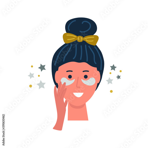 Beautiful young woman with eye patches. Face and skin care routine.  concept. Cleansing, moisturizing, treating. Flat vector illustration.