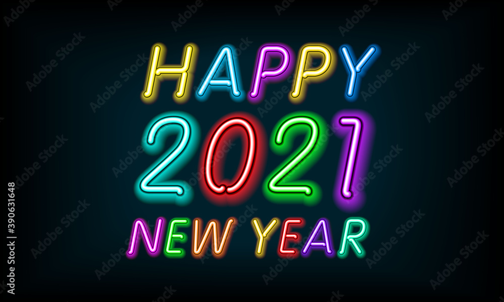 greeting card - neon letters Happy New Year 2021 on black background - vector illustration