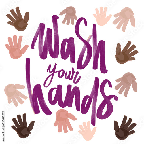 Coronavirus, Covid-19 vector hand drawn quote wash you hands, be healthy etc. Pandemic protection Lettering poster, calligraphy. Quarantine slogans photo
