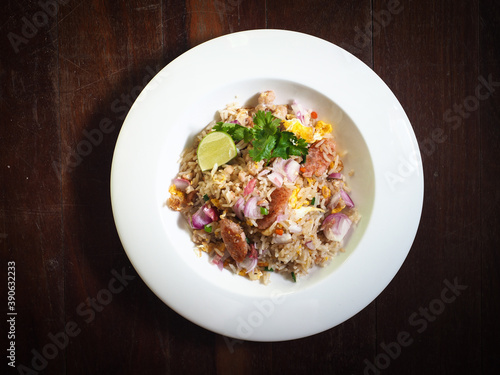 Top view Thai fried rice with sour pork sausage