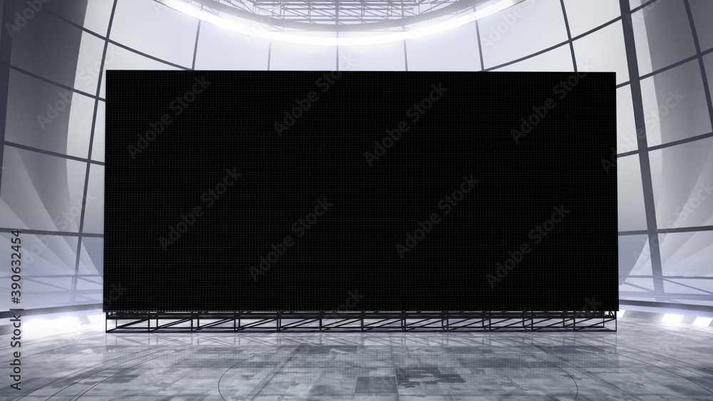 Virtual studio background with a big empty videowall display ideal for tv  shows, commercials or events. Suitable on VR tracking system stage sets,  with green screen. (3D rendering) Stock Illustration | Adobe