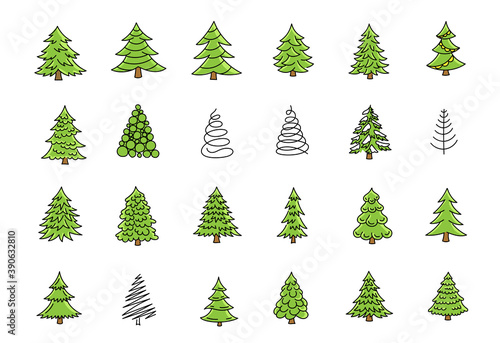 Little Christmas trees icon set. Green conifer spruce. New year fir-tree. Hand drawn sketches vector kit.