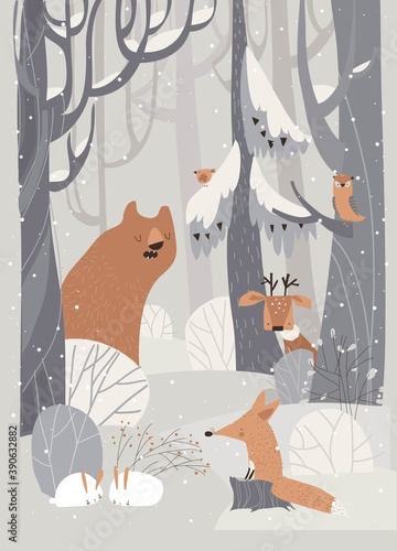 Cartoon cute animals meeting winter in forest