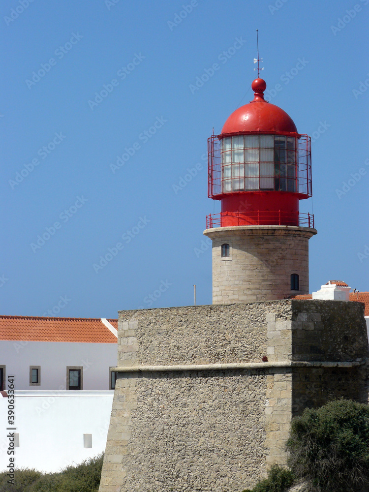 Sagres (Algarve) Portugal. Detail of the Lighthouse of Cabo de San Vicente inside the fortress of San Vicente