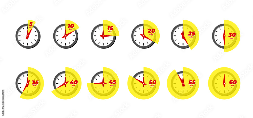 Timer and stopwatch icon set. Kitchen cooking or fast express delivery time labels with different minutes. Sport clock or deadline countdown vector isolated illustation Timer and stopwatch icon set. Kitchen cooking or fast express delivery time labels with different minutes. Sport clock or deadline countdown vector isolated illustation