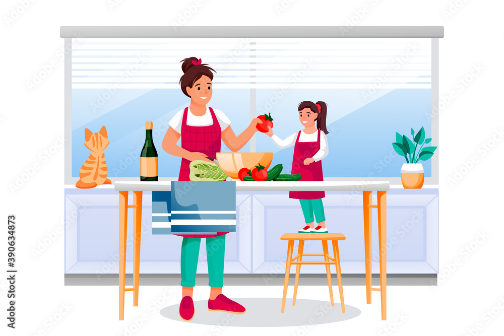 Fototapeta premium Mother and daughter cooking vegetable salad. Mom and little girl make healthy lunch or dinner. Vector illustration