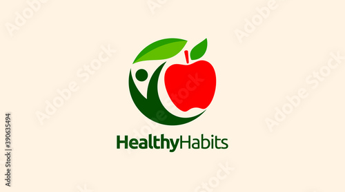 Healthy icon with apple and abstract figure, Apple health care vector logo template.