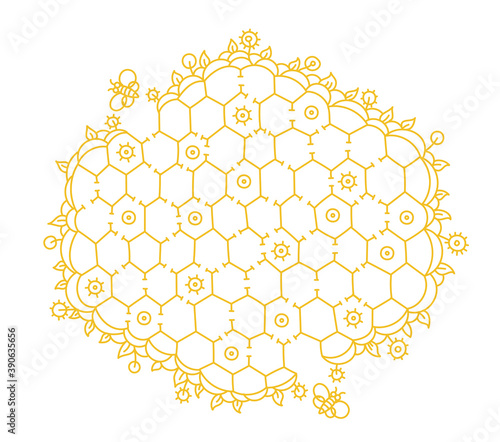 Bee hive maze game. Honeycomb puzzle labyrinth path. Hand drawn contour vector yellow line. Collecting honey.